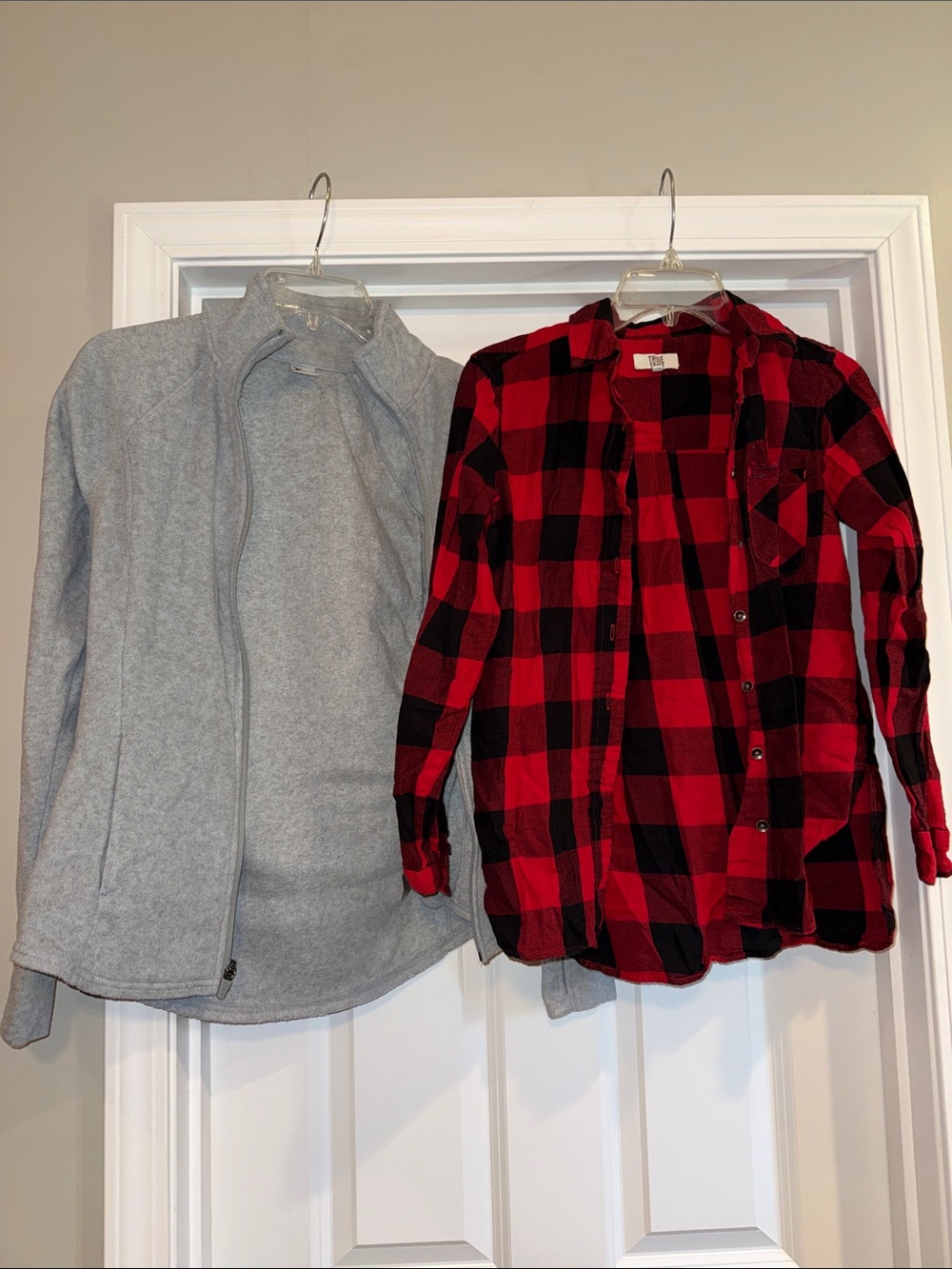 Gray Fleece Jacket & Red Black Buffalo Plaid Shirt Duo
